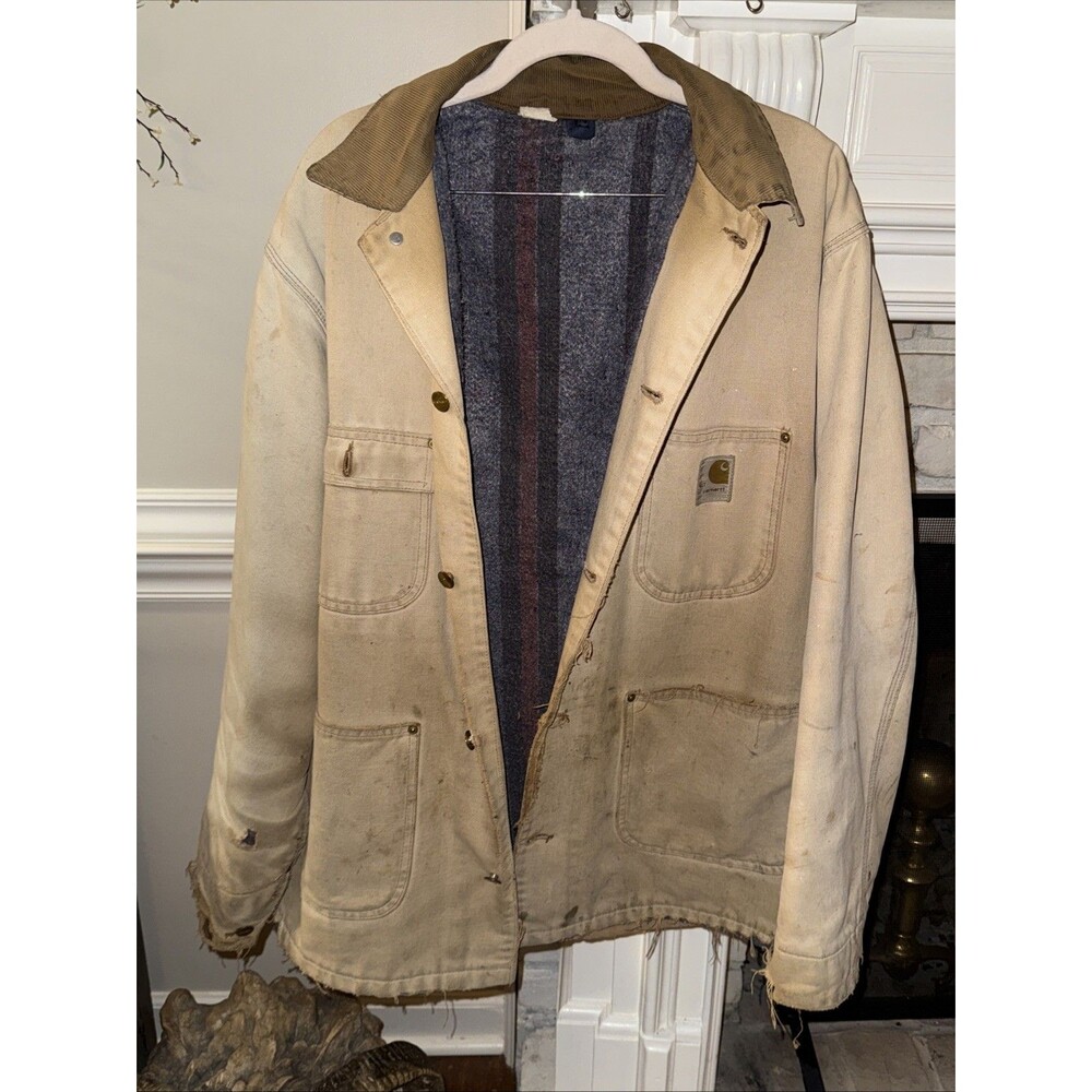 Vintage CARHARTT Jacket 44 Tall Blanket Lined Chore Barn Coat Distressed 80s Men